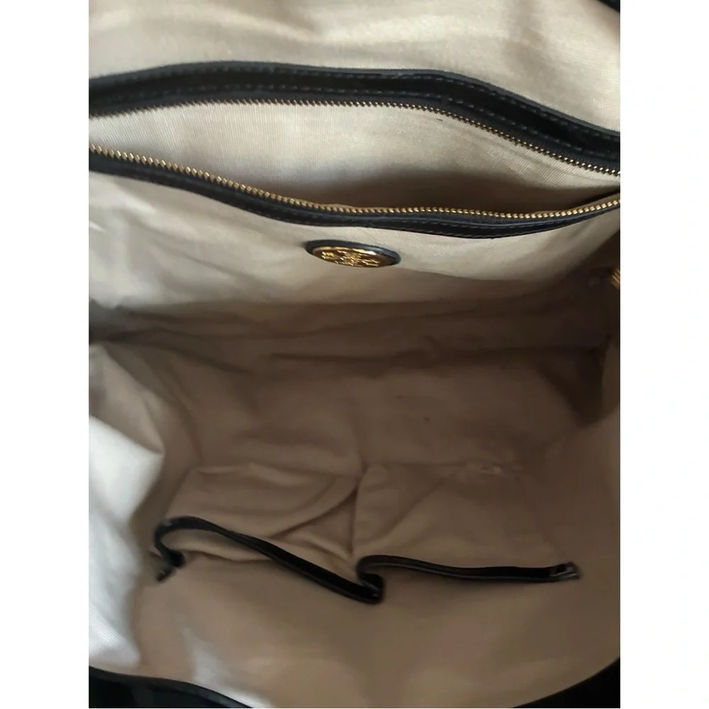 TORY BURCH Large Logo Charm Tote Black Canvas Patent Leather EUC